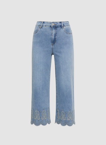Women Embroidered Hem Culotte Jeans Light Blue | Melanie Lyne