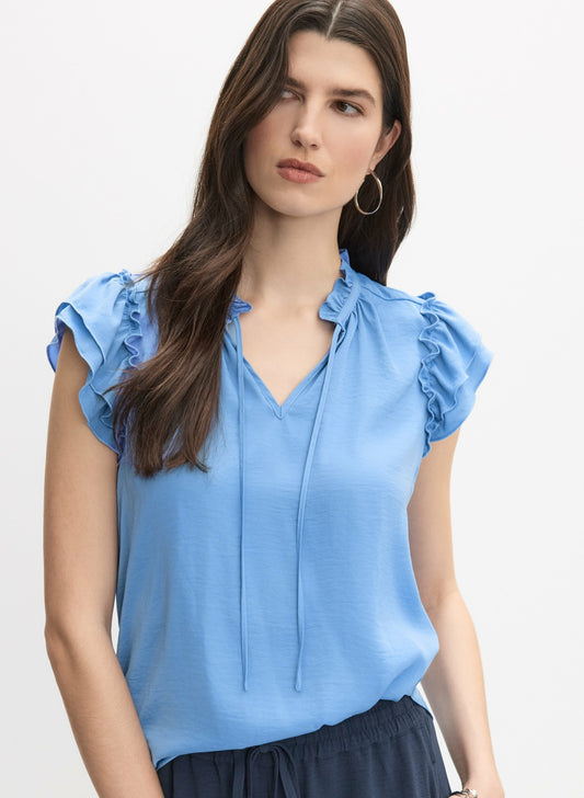 Women Satin Ruffle Blouse Blue Chambray Twill | Melanie Lyne