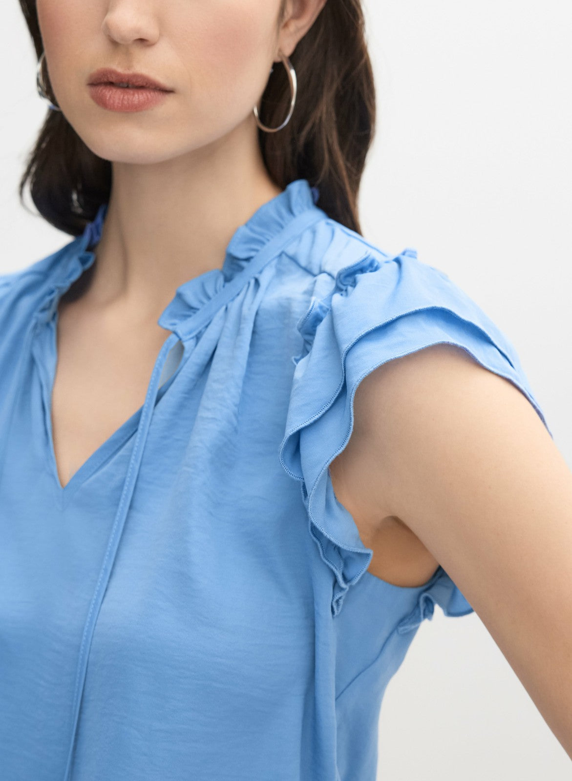 Women Satin Ruffle Blouse Blue Chambray Twill | Melanie Lyne