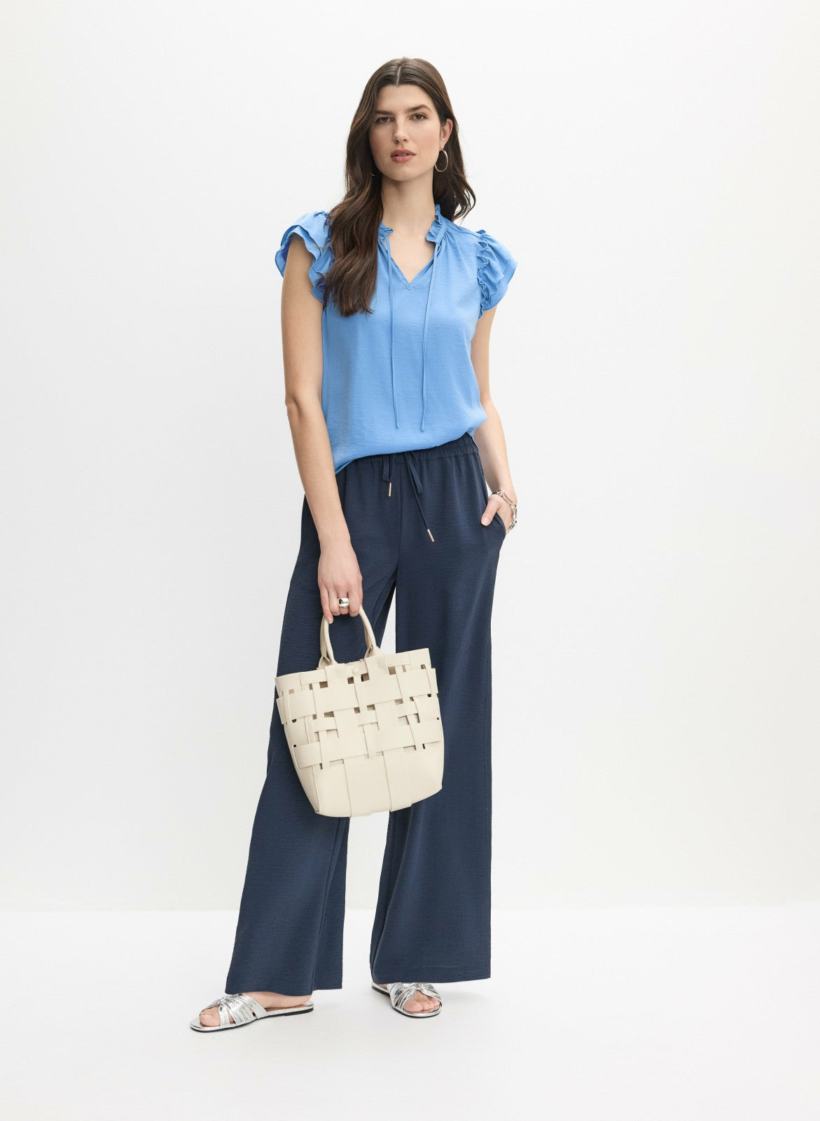 Women Satin Ruffle Blouse Blue Chambray Twill | Melanie Lyne