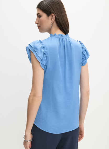 Women Satin Ruffle Blouse Blue Chambray Twill | Melanie Lyne