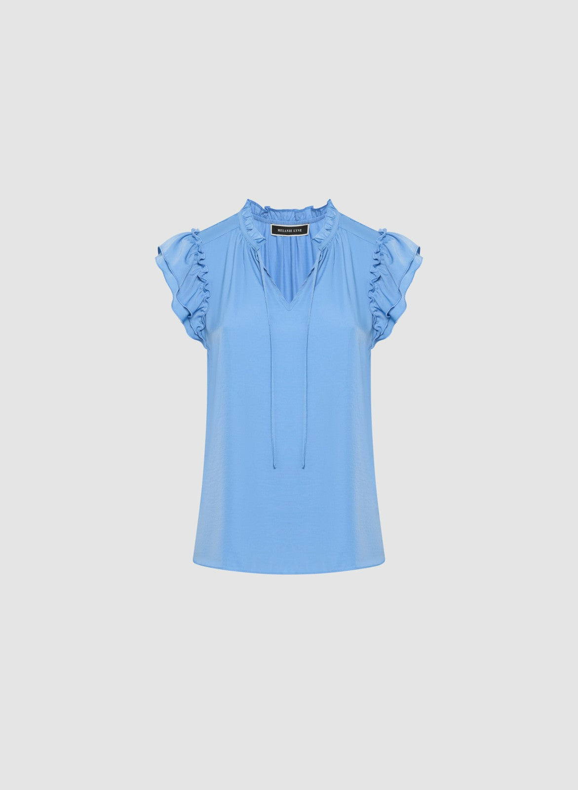 Women Satin Ruffle Blouse Blue Chambray Twill | Melanie Lyne