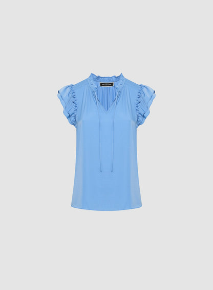 Women Satin Ruffle Blouse Blue Chambray Twill | Melanie Lyne