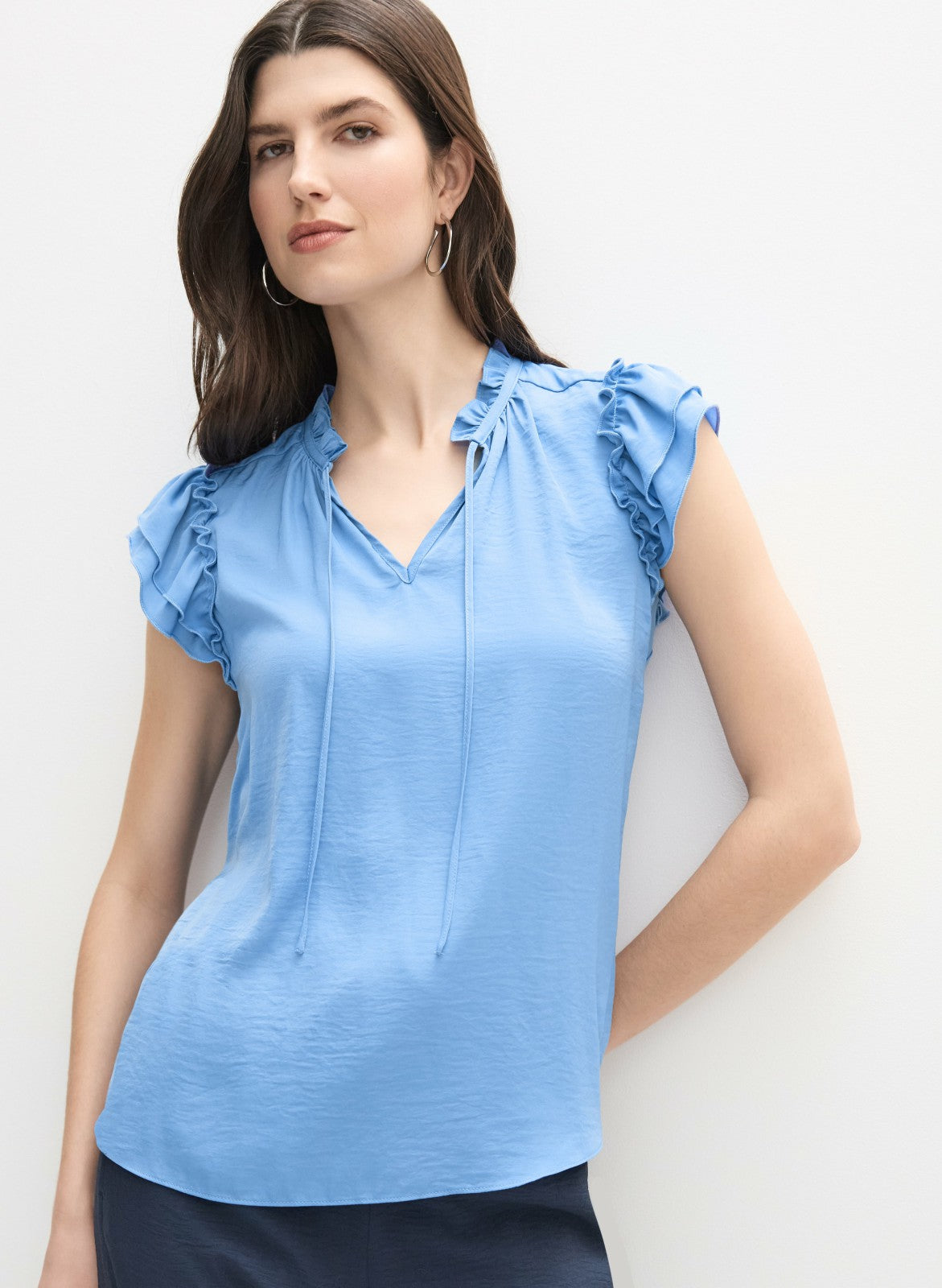 Women Satin Ruffle Blouse Blue Chambray Twill | Melanie Lyne