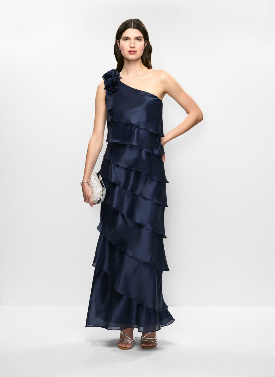 Women One-Shoulder Tiered Evening Dress Navy Blue | Melanie Lyne