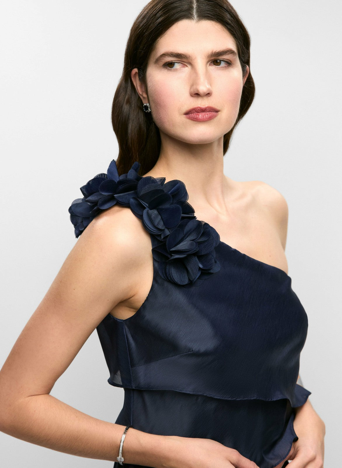 Women One-Shoulder Tiered Evening Dress Navy Blue | Melanie Lyne