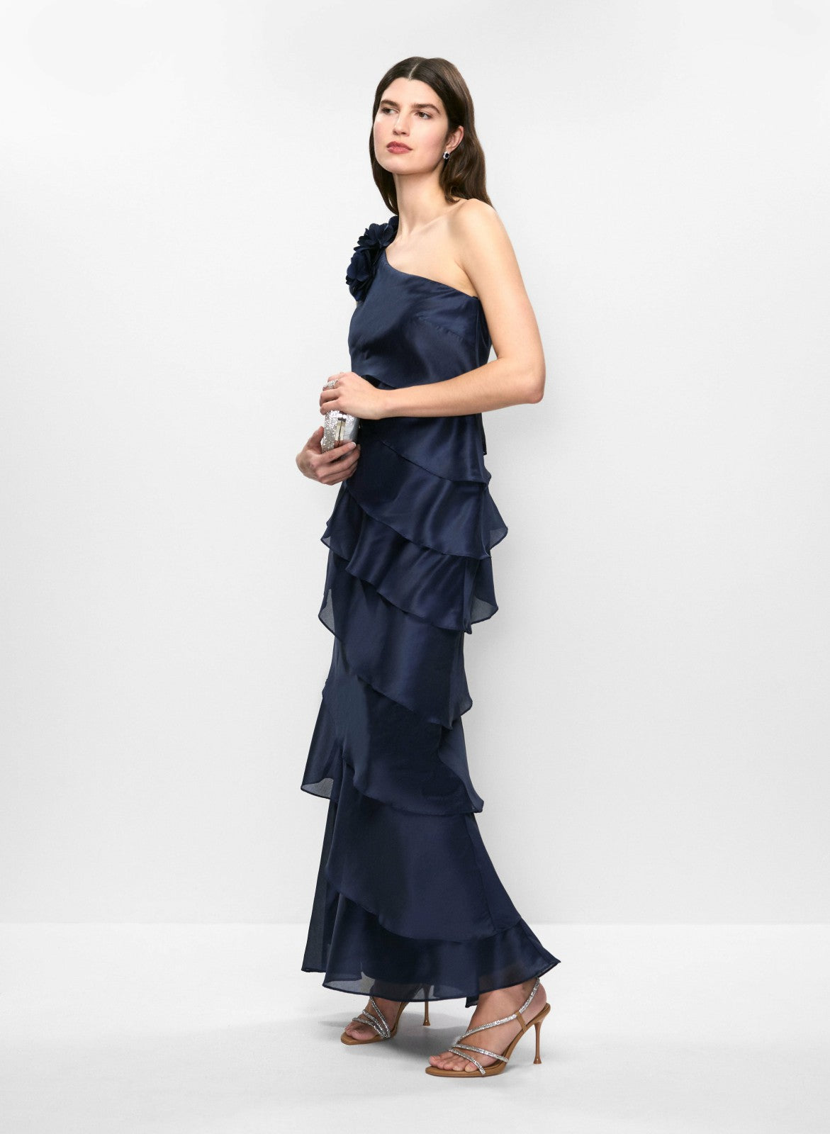 Women One-Shoulder Tiered Evening Dress Navy Blue | Melanie Lyne