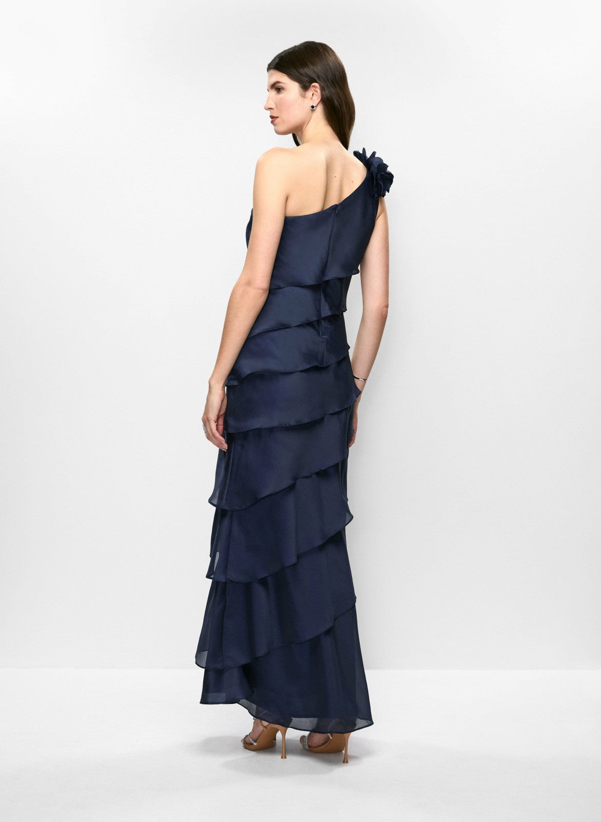 Women One-Shoulder Tiered Evening Dress Navy Blue | Melanie Lyne