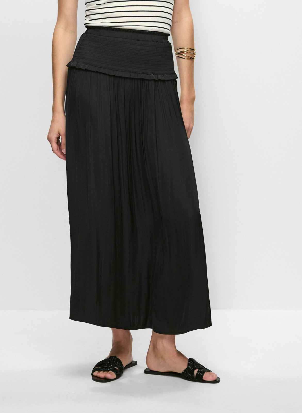 Women Shirred Waist Satin Maxi Skirt Black | Melanie Lyne