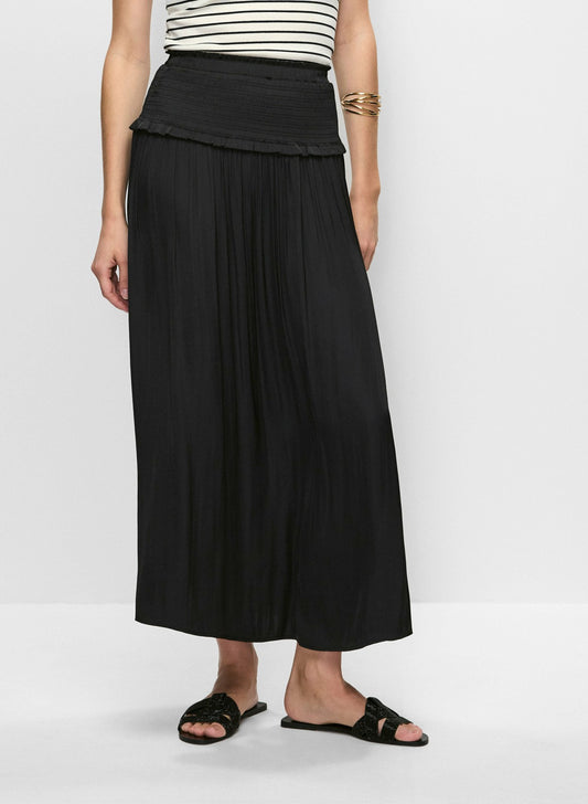 Women Shirred Waist Satin Maxi Skirt Black | Melanie Lyne