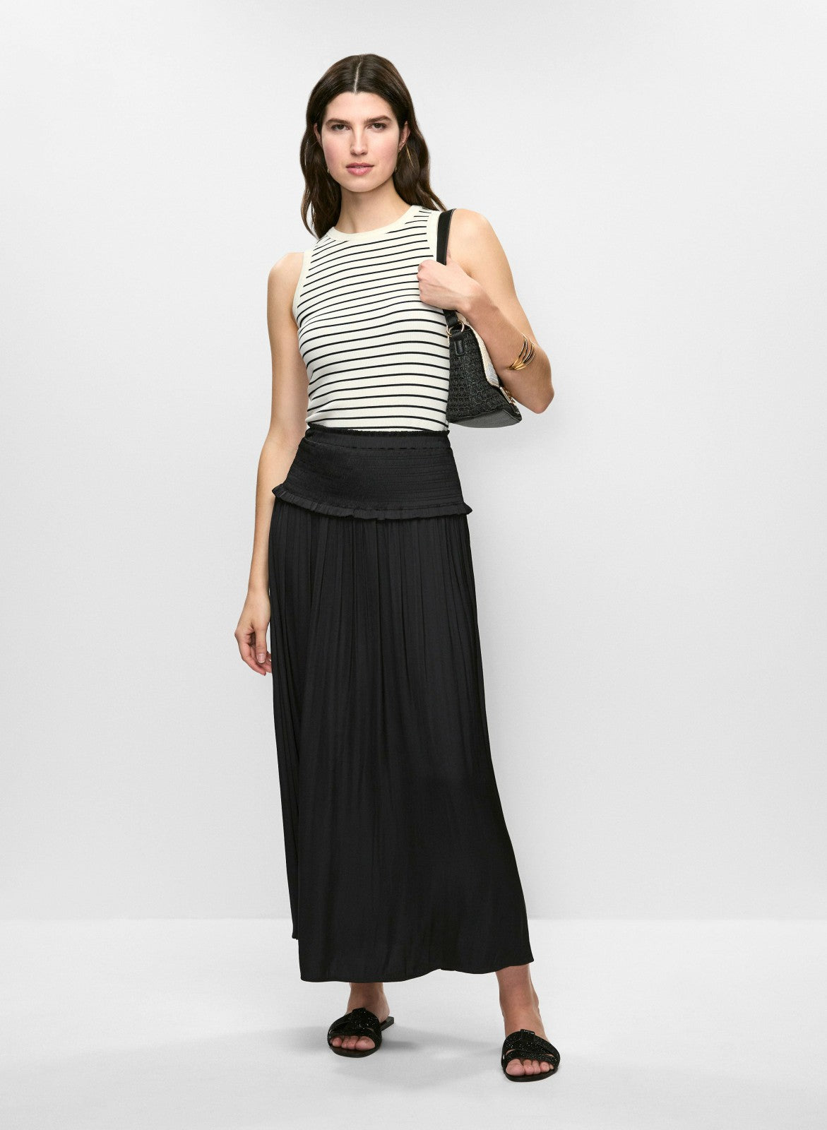 Women Shirred Waist Satin Maxi Skirt Black | Melanie Lyne