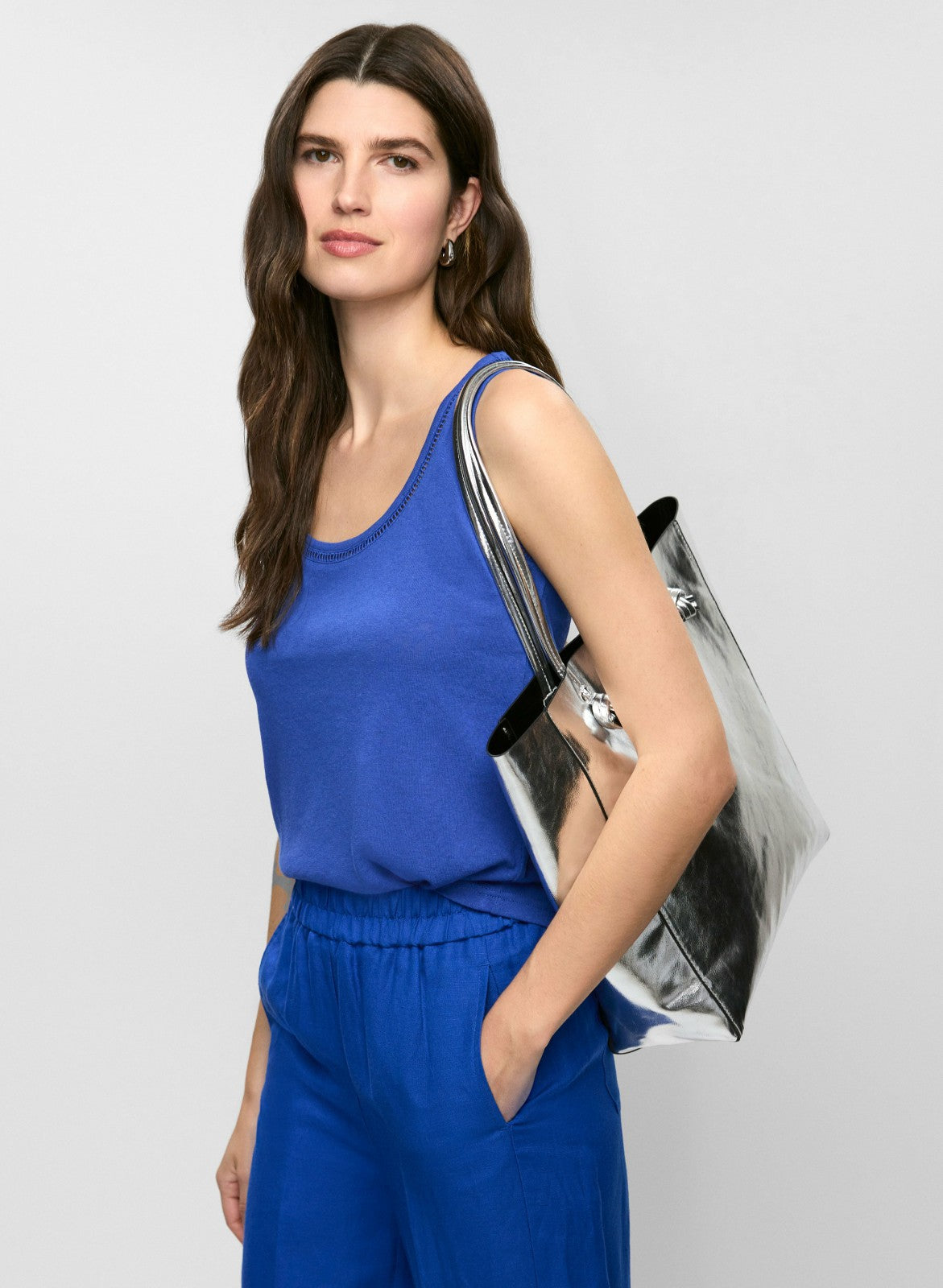 Women Embroidered Linen-Blend Tank Top Cobalt Blue | Melanie Lyne