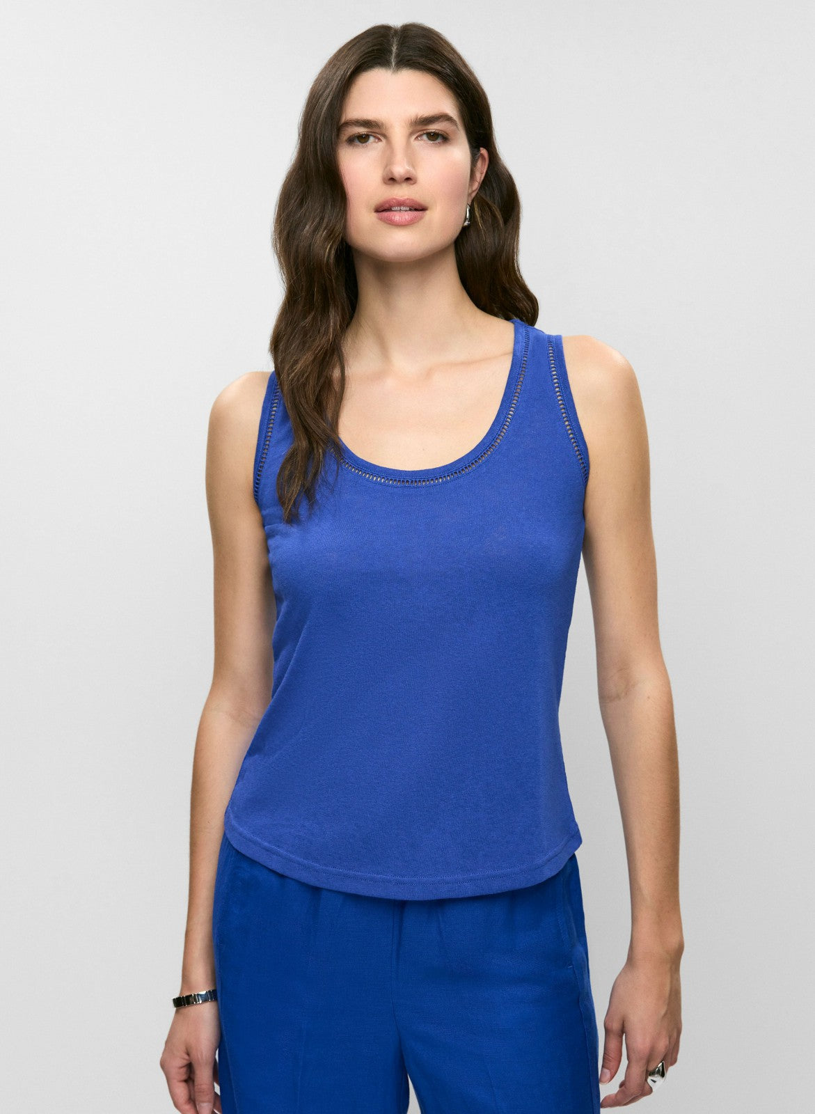 Women Embroidered Linen-Blend Tank Top Cobalt Blue | Melanie Lyne