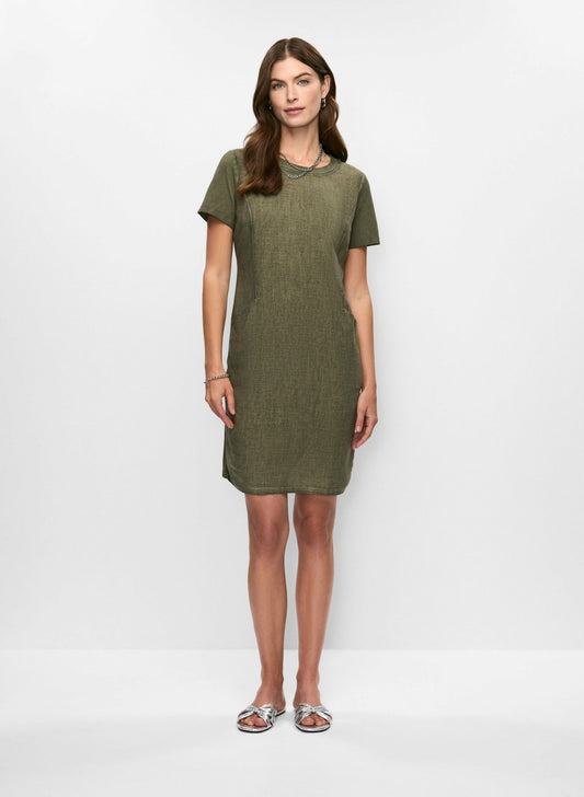 Women Short Sleeve Linen-Blend Dress Dark Olive | Melanie Lyne