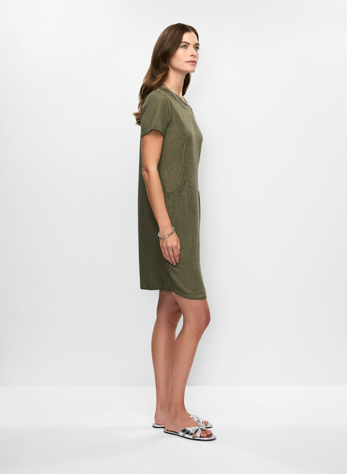 Women Short Sleeve Linen-Blend Dress Dark Olive | Melanie Lyne