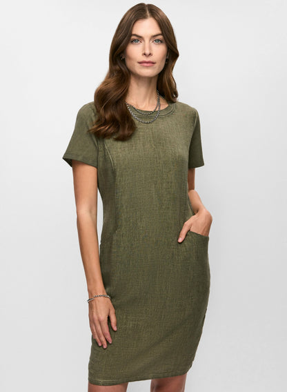 Women Short Sleeve Linen-Blend Dress Dark Olive | Melanie Lyne