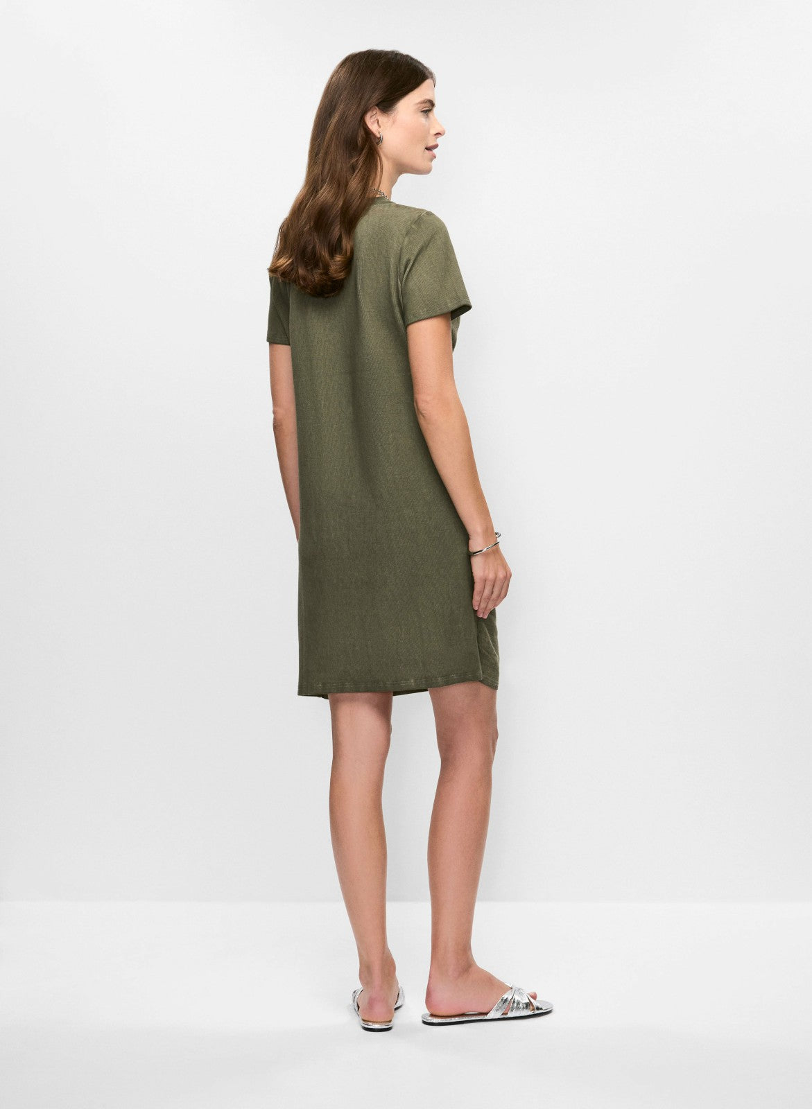 Women Short Sleeve Linen-Blend Dress Dark Olive | Melanie Lyne