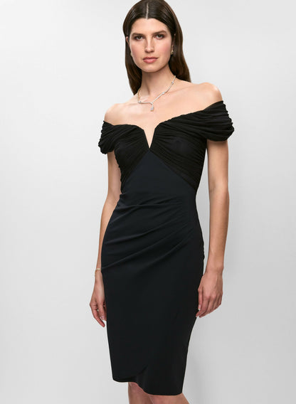 Women Betsy & Adam - Mesh Insert Off-the-Shoulder Dress Black | Melanie Lyne