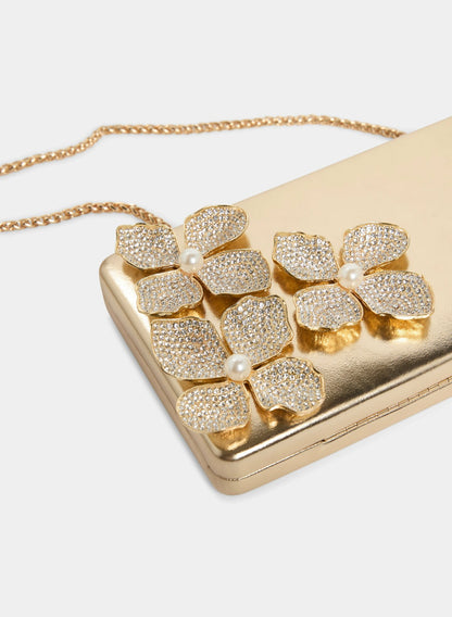 Women Floral Embellished Box Clutch Gold | Melanie Lyne