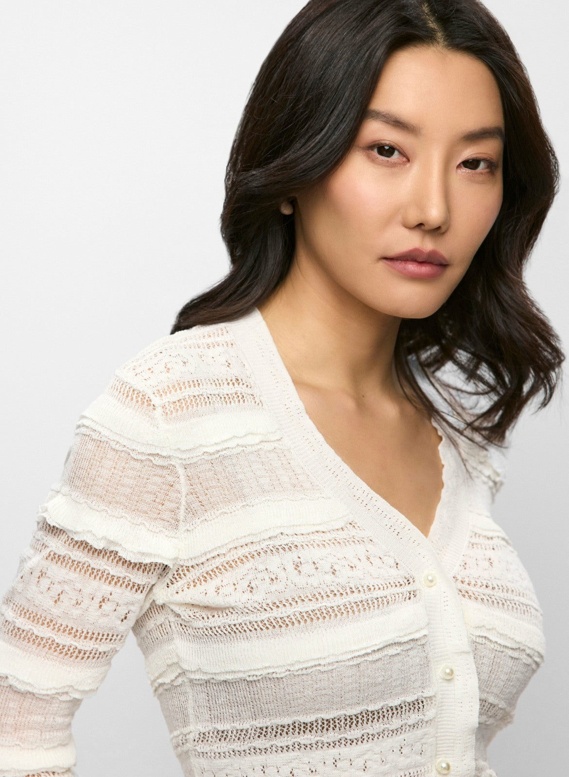 Women Ruffle Knit Cardigan Alabaster | Melanie Lyne