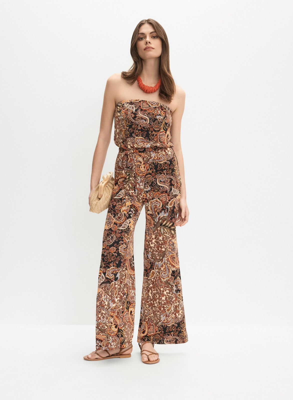 Women Strapless Paisley Print Jumpsuit Brown Pattern | Melanie Lyne