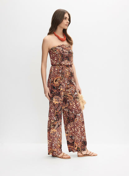 Women Strapless Paisley Print Jumpsuit Brown Pattern | Melanie Lyne
