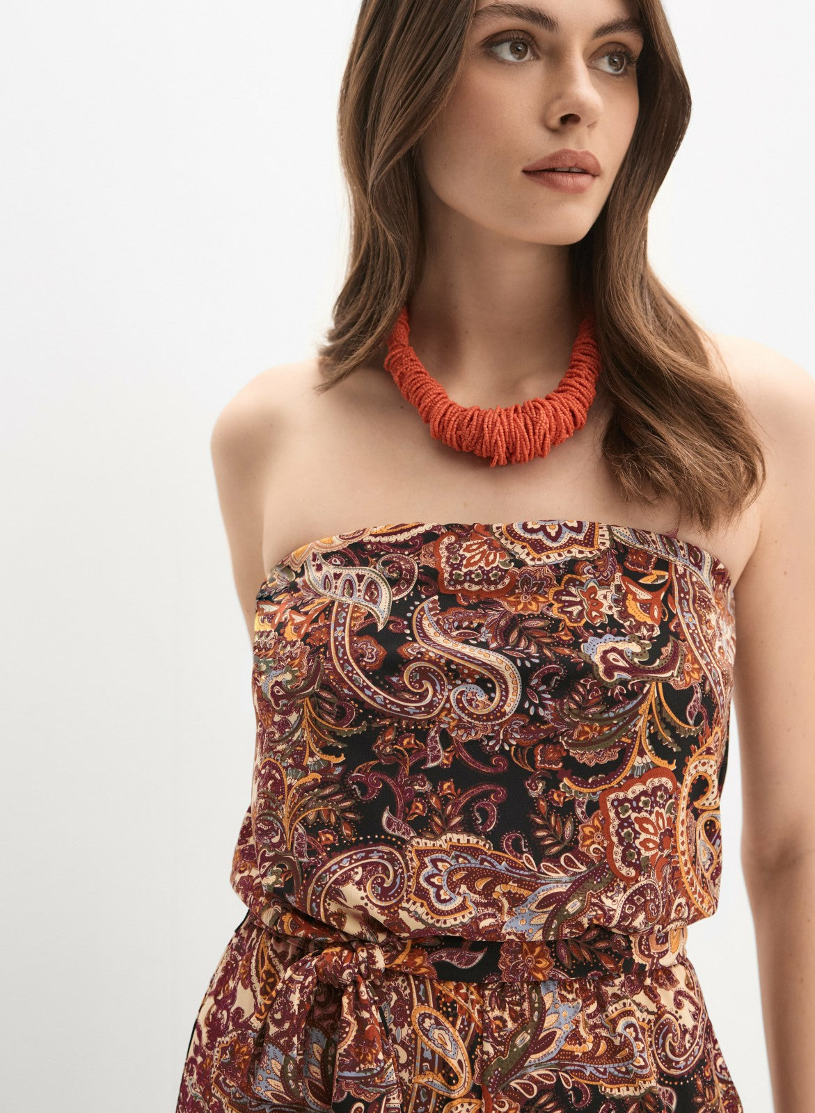 Women Strapless Paisley Print Jumpsuit Brown Pattern | Melanie Lyne