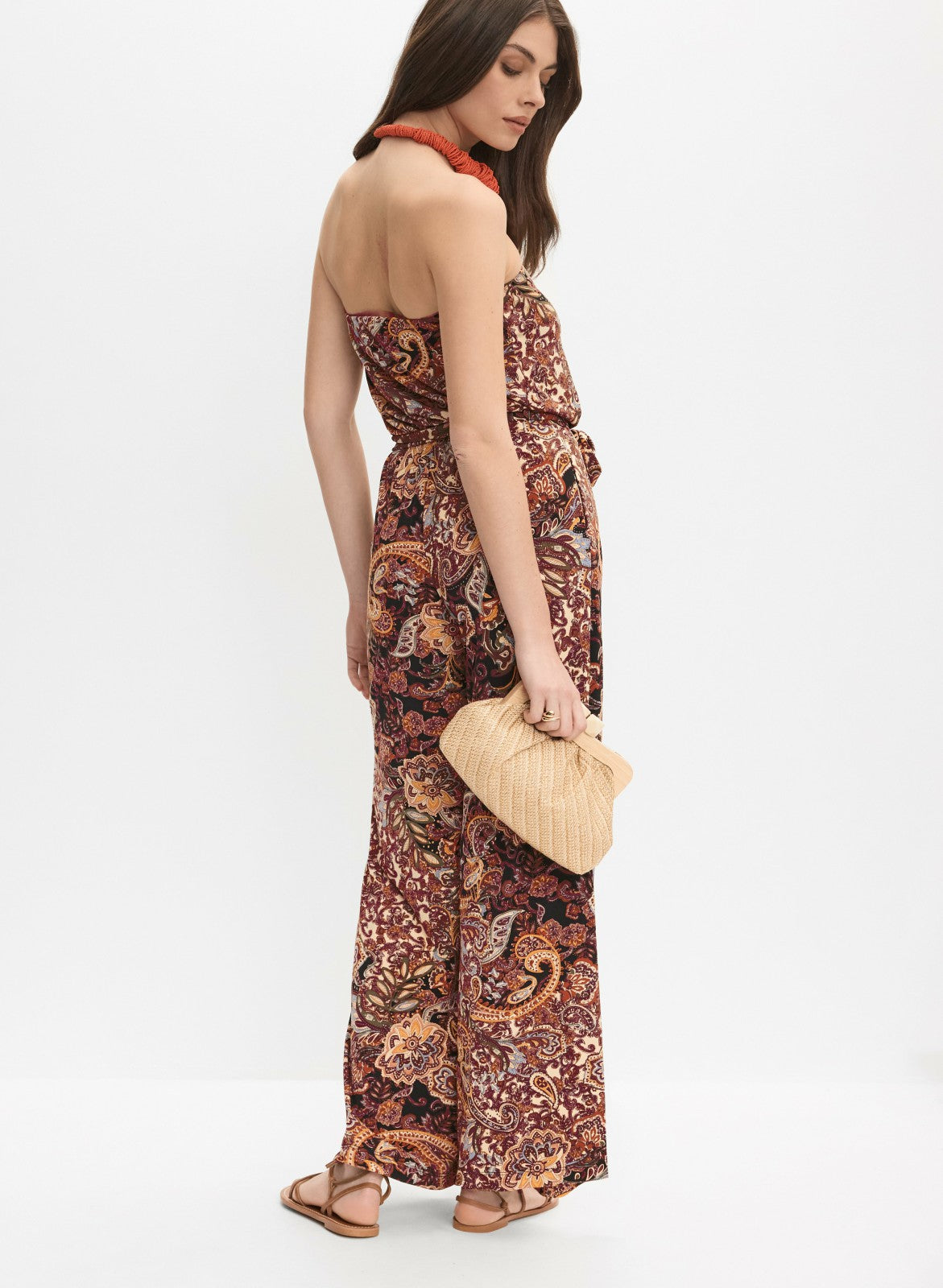 Women Strapless Paisley Print Jumpsuit Brown Pattern | Melanie Lyne