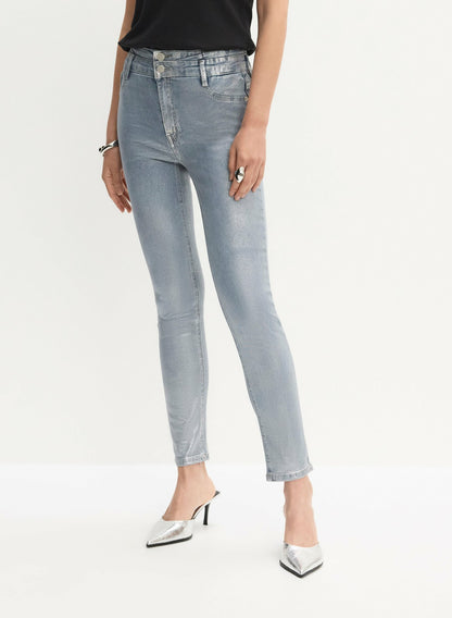 Women Metallic Slim-Leg Jeans Silver Dime | Melanie Lyne