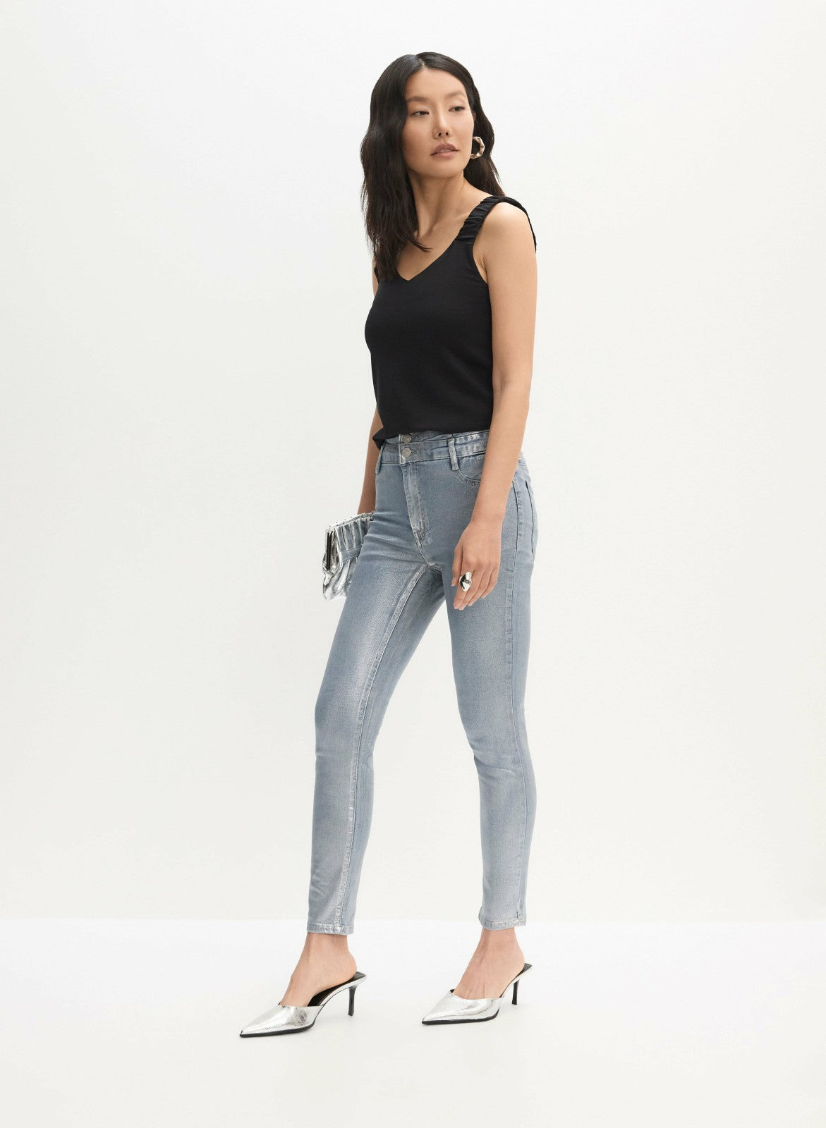 Women Metallic Slim-Leg Jeans Silver Dime | Melanie Lyne
