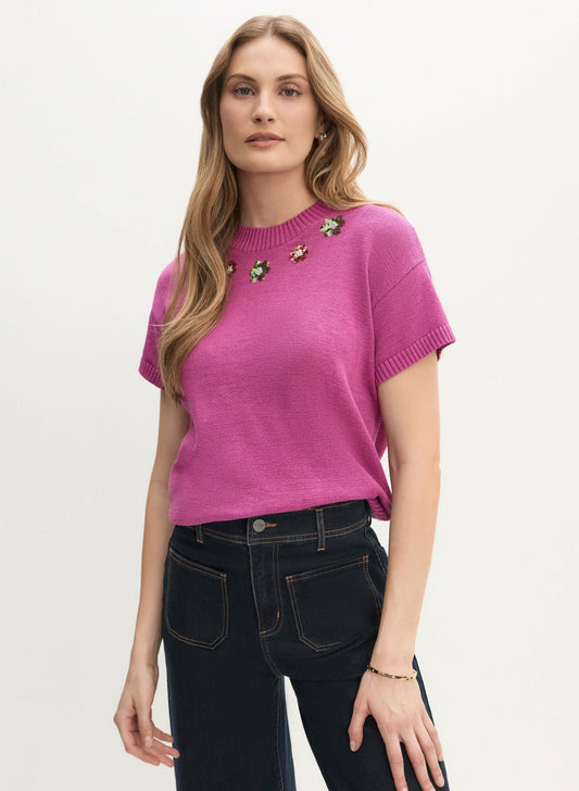 Women Flower Detail Crew Neck Sweater Raspberry Rose | Melanie Lyne