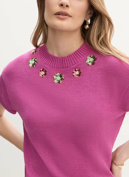 Women Flower Detail Crew Neck Sweater Raspberry Rose | Melanie Lyne