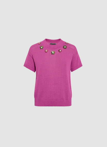 Women Flower Detail Crew Neck Sweater Raspberry Rose | Melanie Lyne