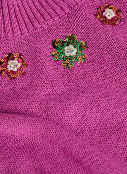 Women Flower Detail Crew Neck Sweater Raspberry Rose | Melanie Lyne