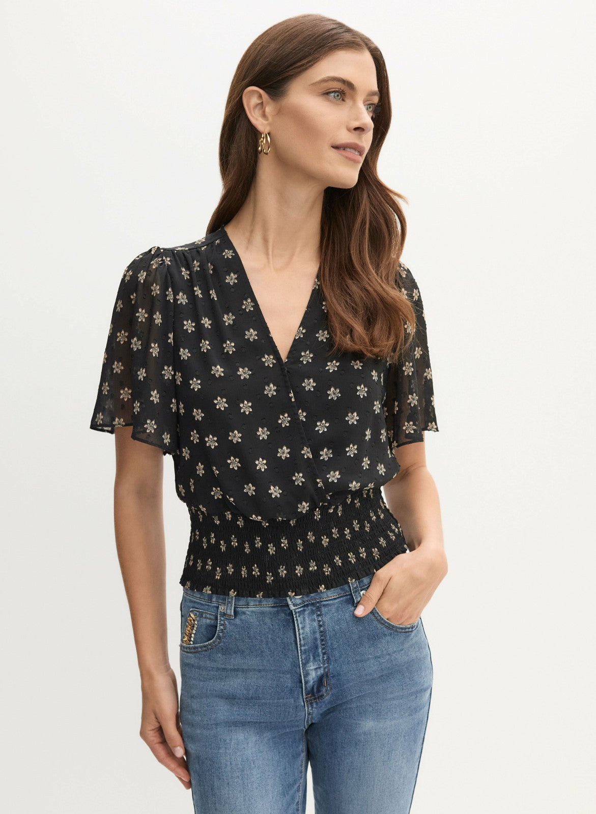 Women Floral Print Wrap-Style Blouse Black Pattern | Melanie Lyne