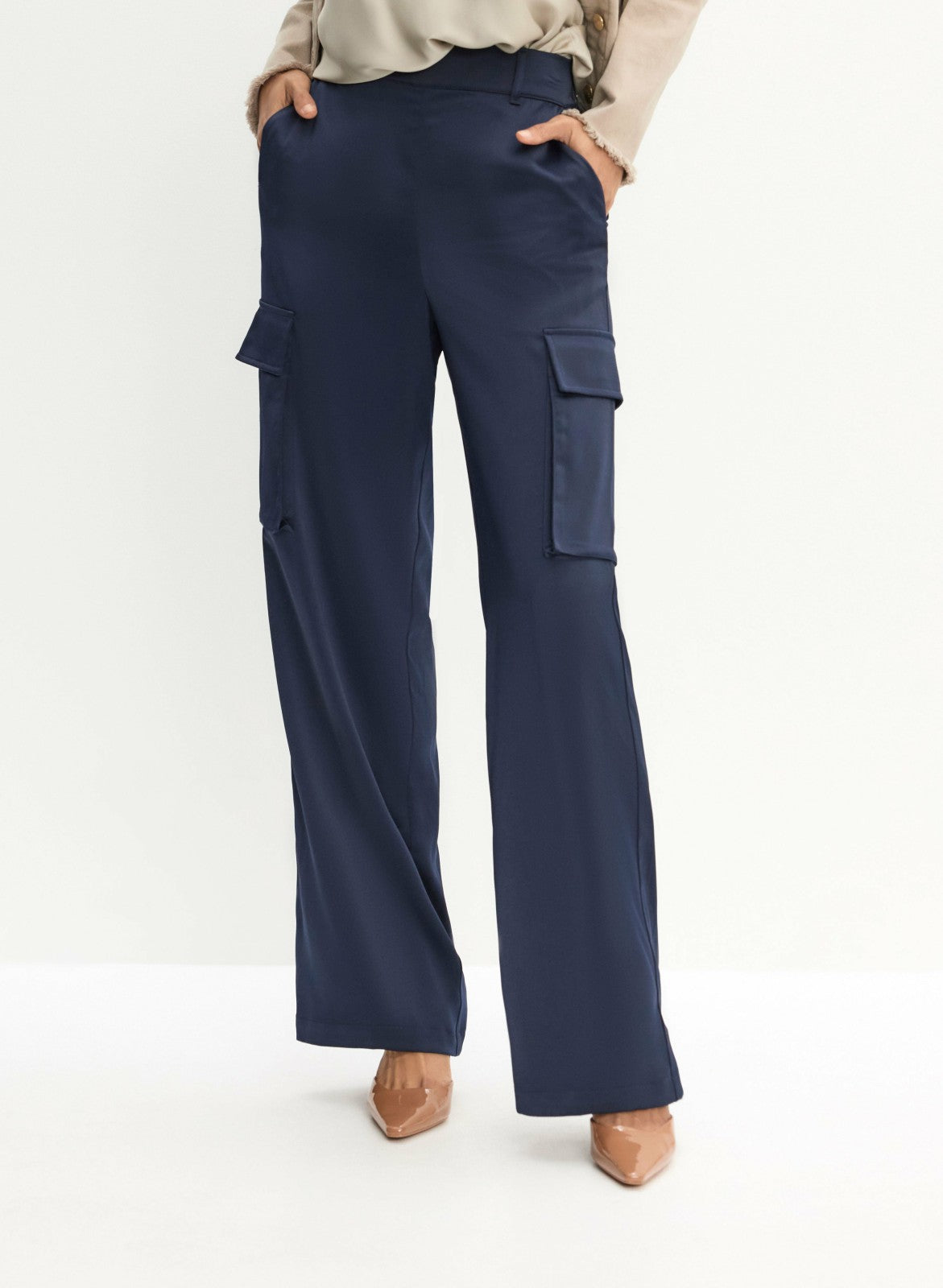 Women Satin Wide-Leg Cargo Pants Navy Blue | Melanie Lyne