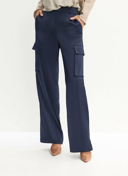 Women Satin Wide-Leg Cargo Pants Navy Blue | Melanie Lyne