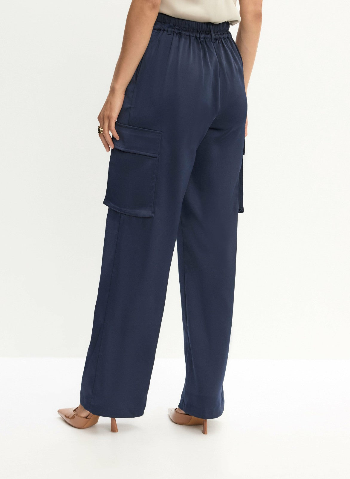 Women Satin Wide-Leg Cargo Pants Navy Blue | Melanie Lyne