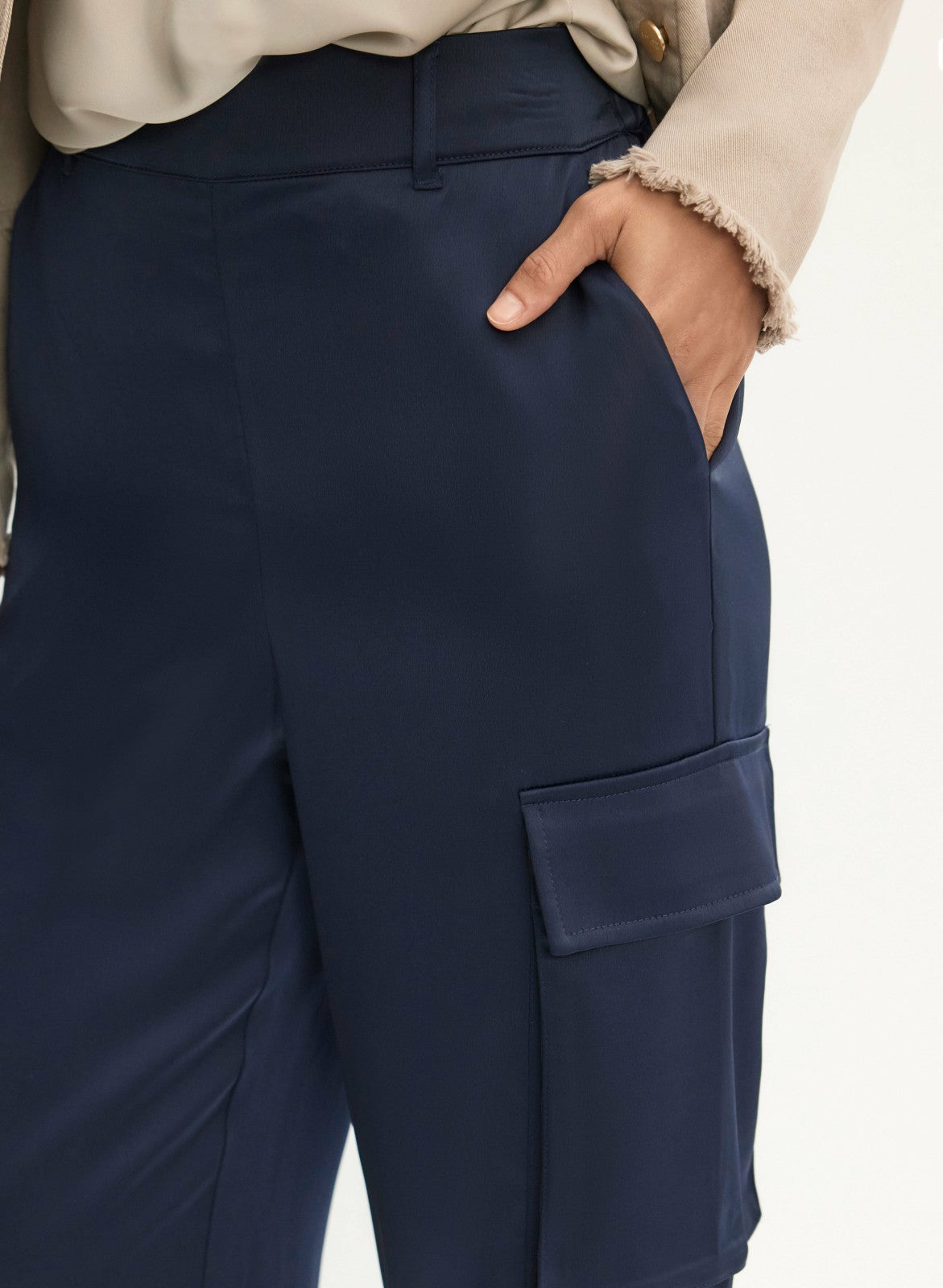 Women Satin Wide-Leg Cargo Pants Navy Blue | Melanie Lyne