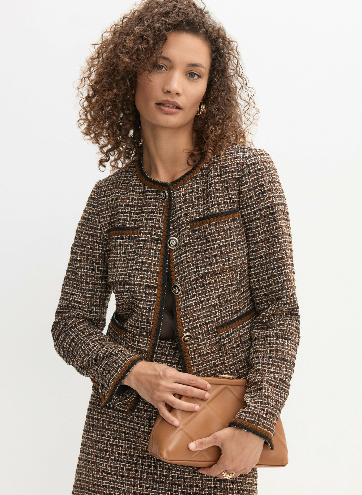 Women Button-Up Bouclé Jacket Cognac_blk | Melanie Lyne