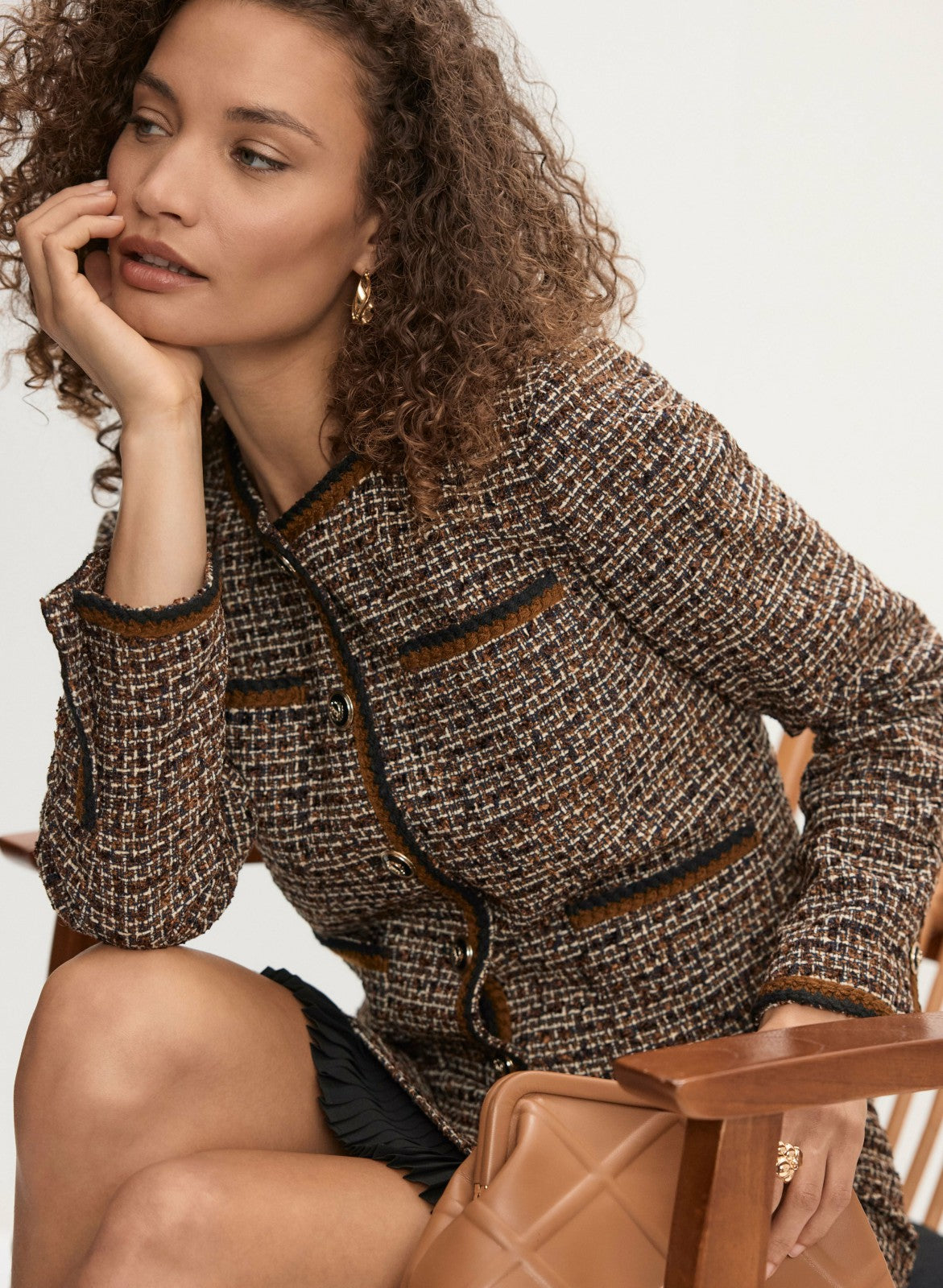 Women Button-Up Bouclé Jacket Cognac_blk | Melanie Lyne