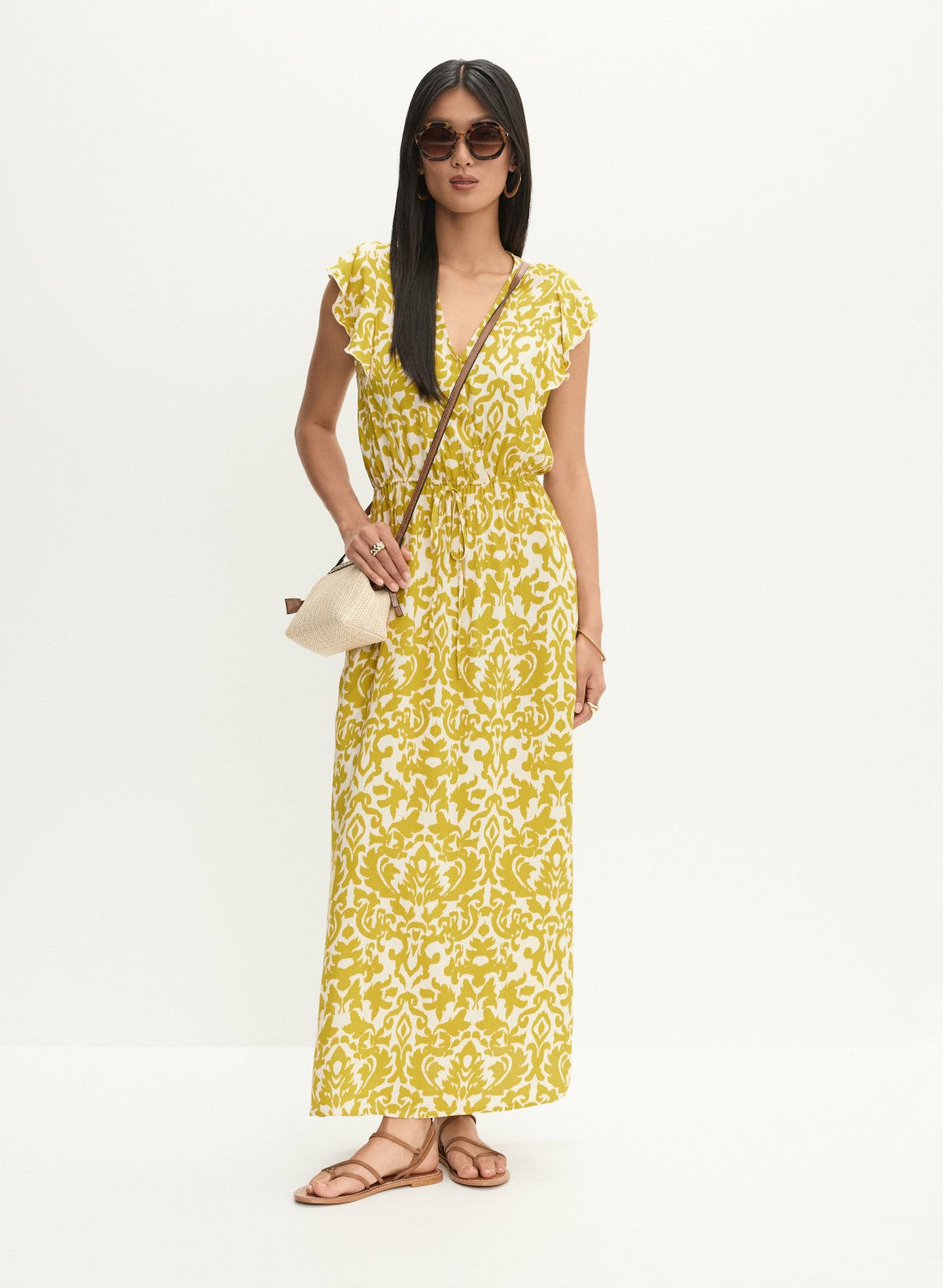 Women Abstract Print Smocked Waist Dress Saffron Yellow | Melanie Lyne