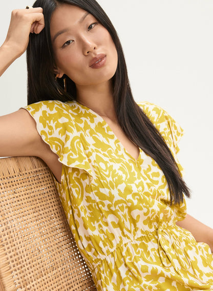 Women Abstract Print Smocked Waist Dress Saffron Yellow | Melanie Lyne