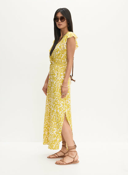 Women Abstract Print Smocked Waist Dress Saffron Yellow | Melanie Lyne