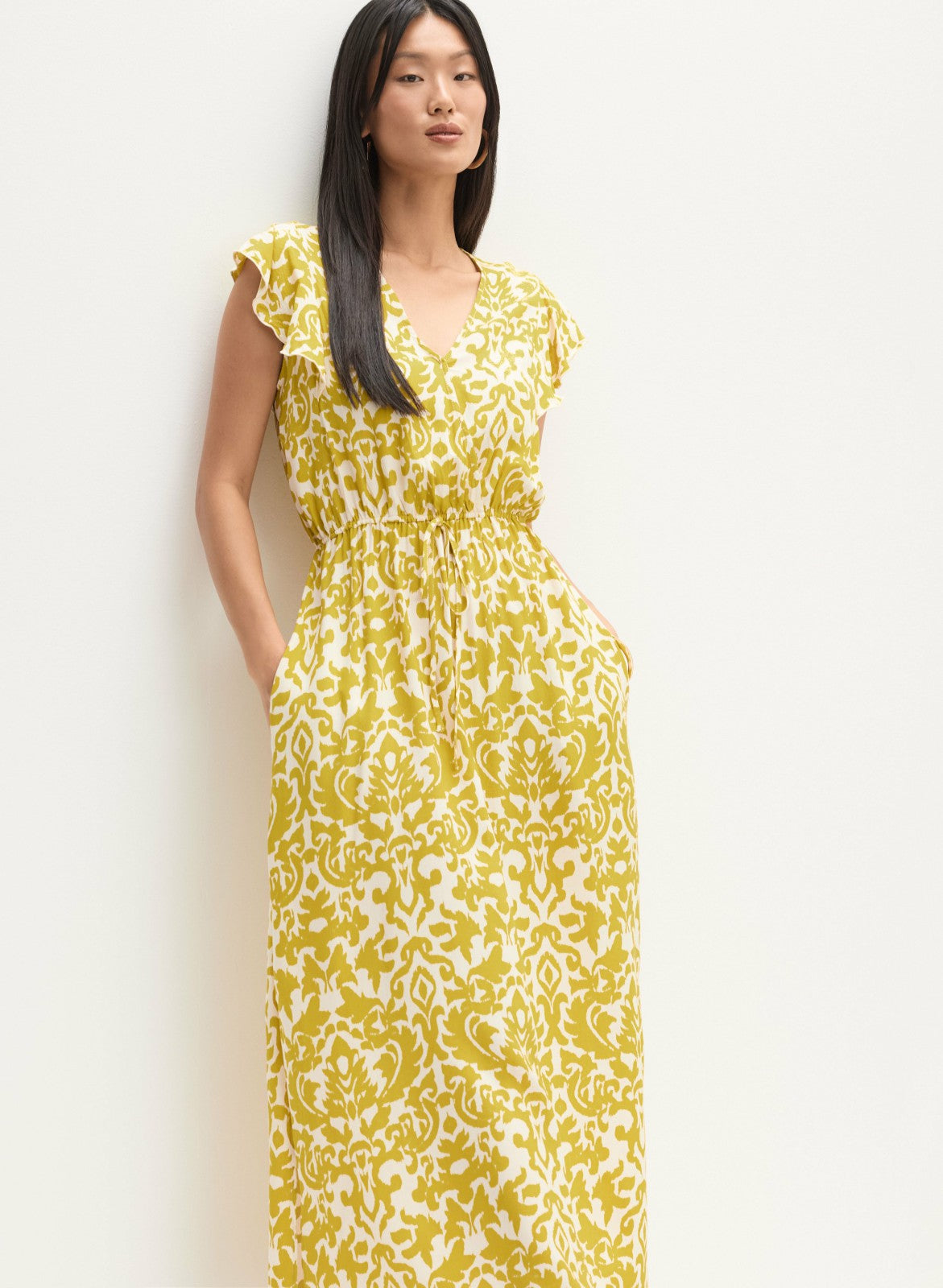 Women Abstract Print Smocked Waist Dress Saffron Yellow | Melanie Lyne