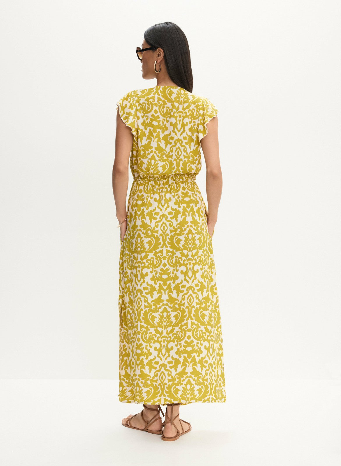 Women Abstract Print Smocked Waist Dress Saffron Yellow | Melanie Lyne