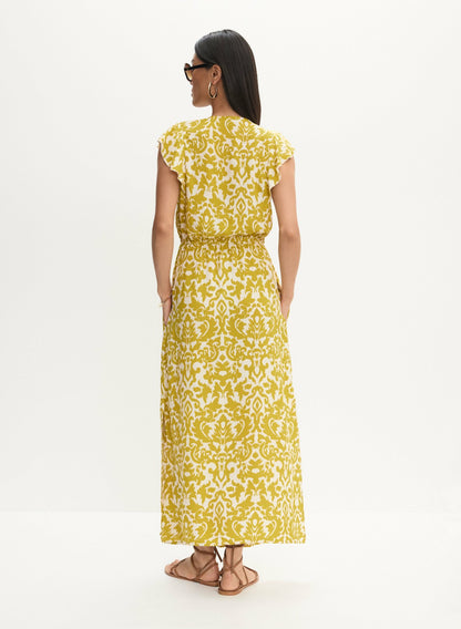 Women Abstract Print Smocked Waist Dress Saffron Yellow | Melanie Lyne