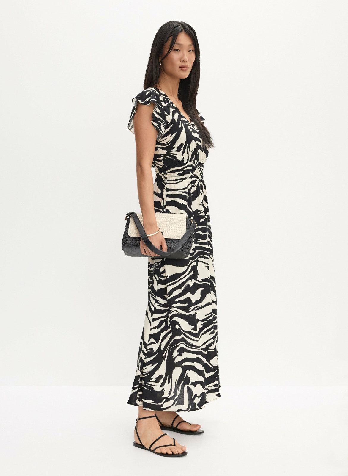 Women Animal Print Smocked Waist Dress Black & White | Melanie Lyne