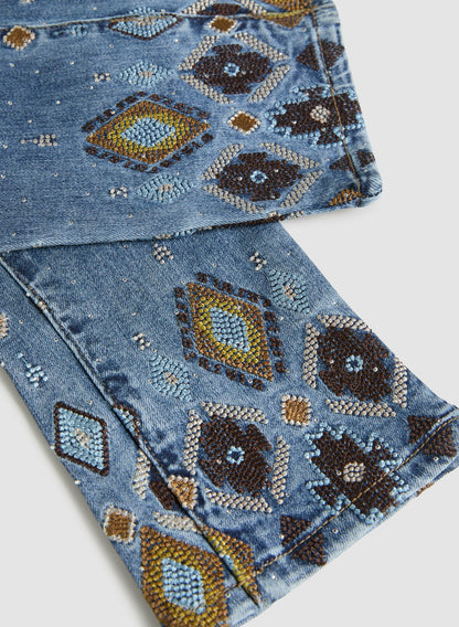 Women Pearl Detail Straight Leg Jeans Medium Blue | Melanie Lyne