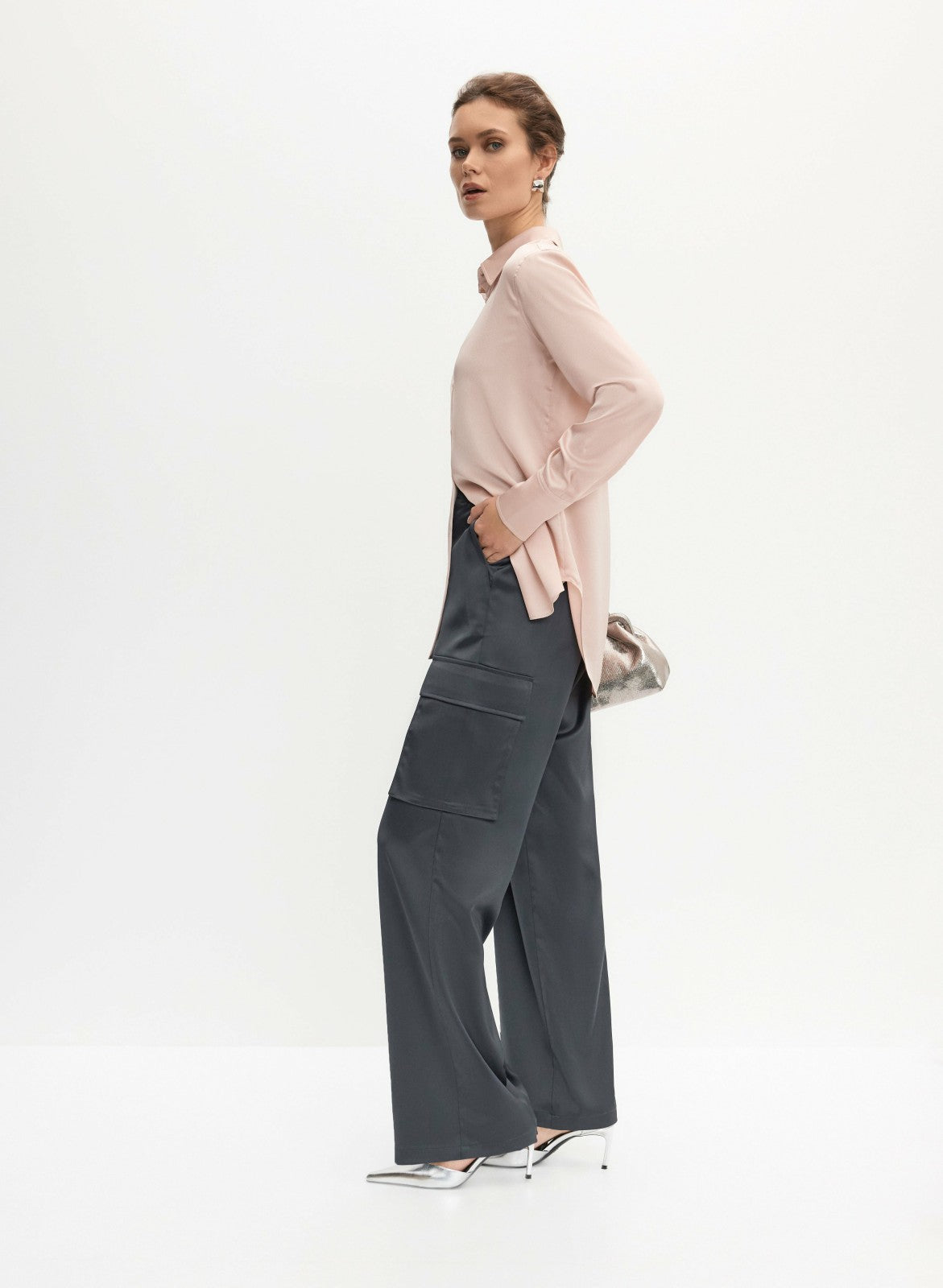 Women Satin Wide-Leg Cargo Pants Storm | Melanie Lyne